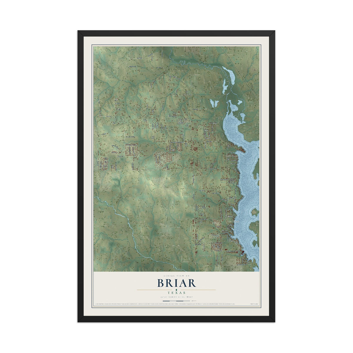Map of Briar, Texas, 12 x 18 inch print in a black wood frame