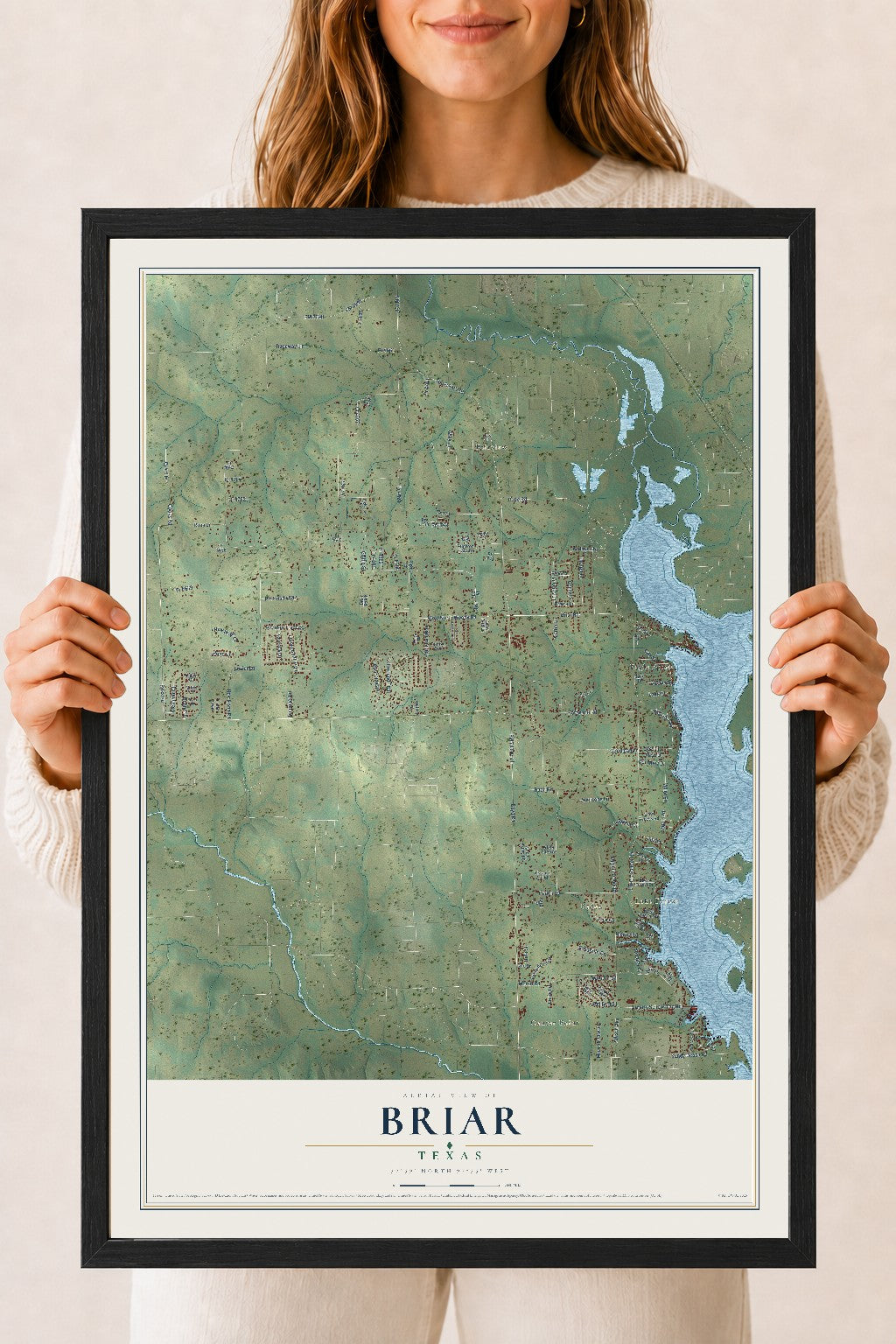 Map of Briar, Texas, 18 x 24 inch print in a black wood frame