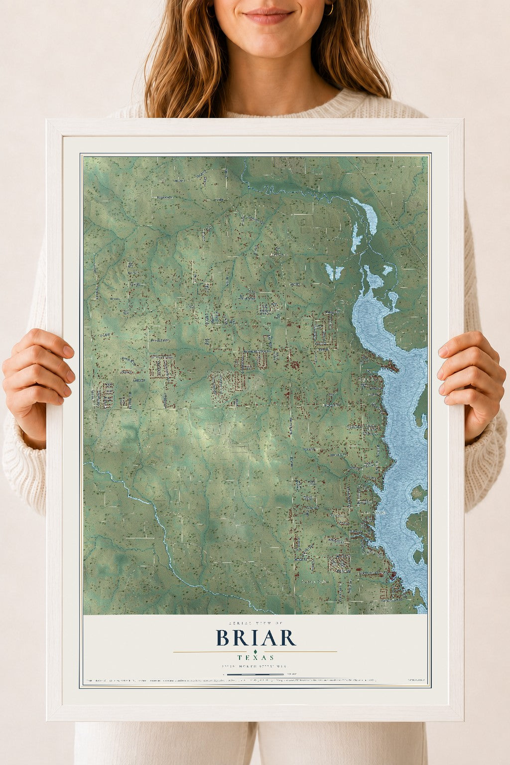 Map of Briar, Texas, 18 x 24 inch print in a white wood frame