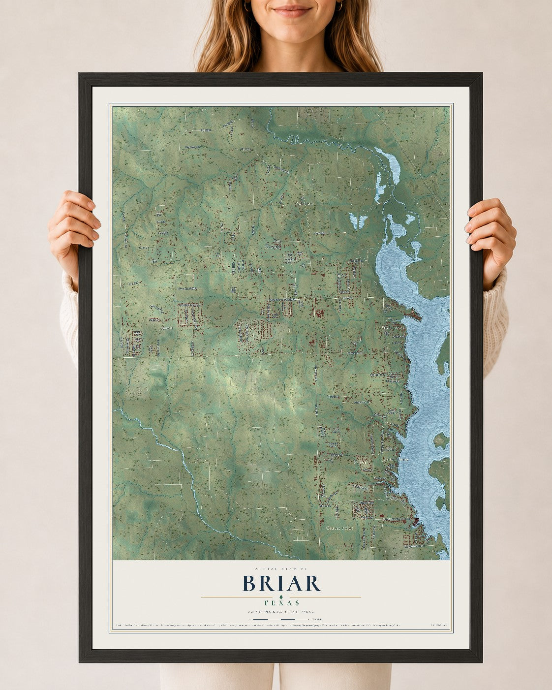 Map of Briar, Texas, 24 x 36 inch print in a black wood frame