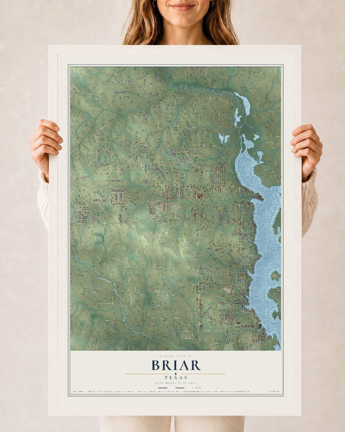Map of Briar, Texas, 24 x 36 inch print in a white wood frame