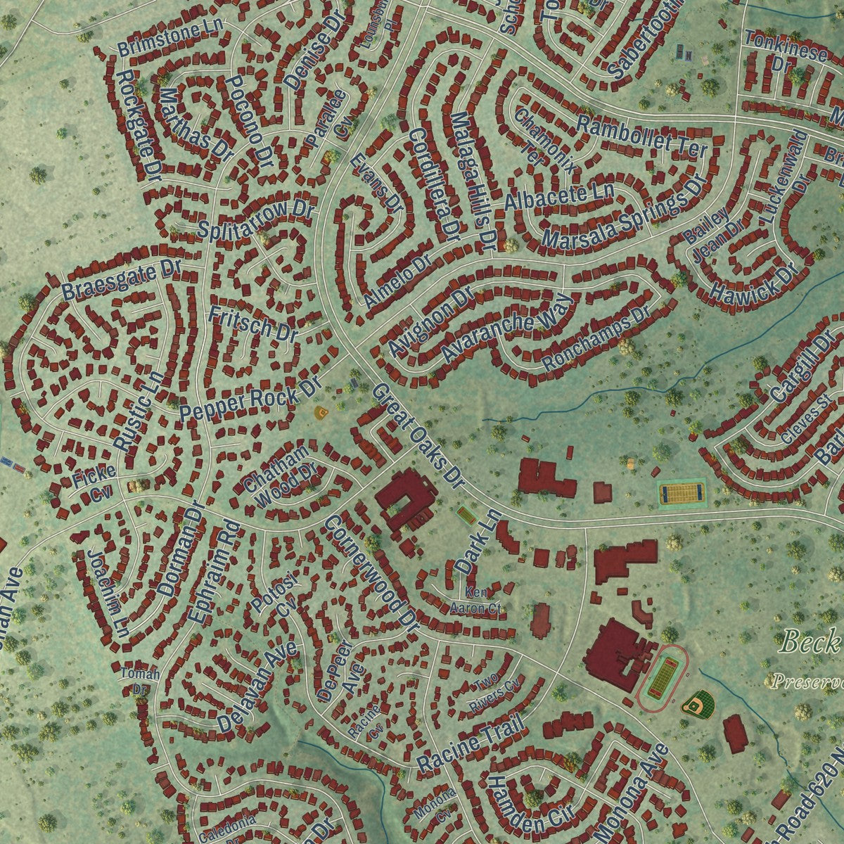 Close-up of the map of Brushy Creek, Texas print showing street and building detail