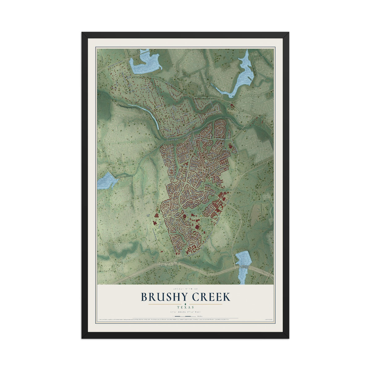 Map of Brushy Creek, Texas, 12 x 18 inch print in a black wood frame