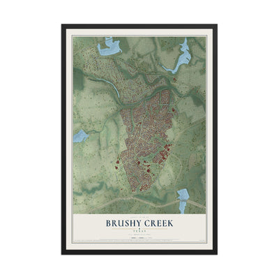 Map of Brushy Creek, Texas, 12 x 18 inch print in a black wood frame