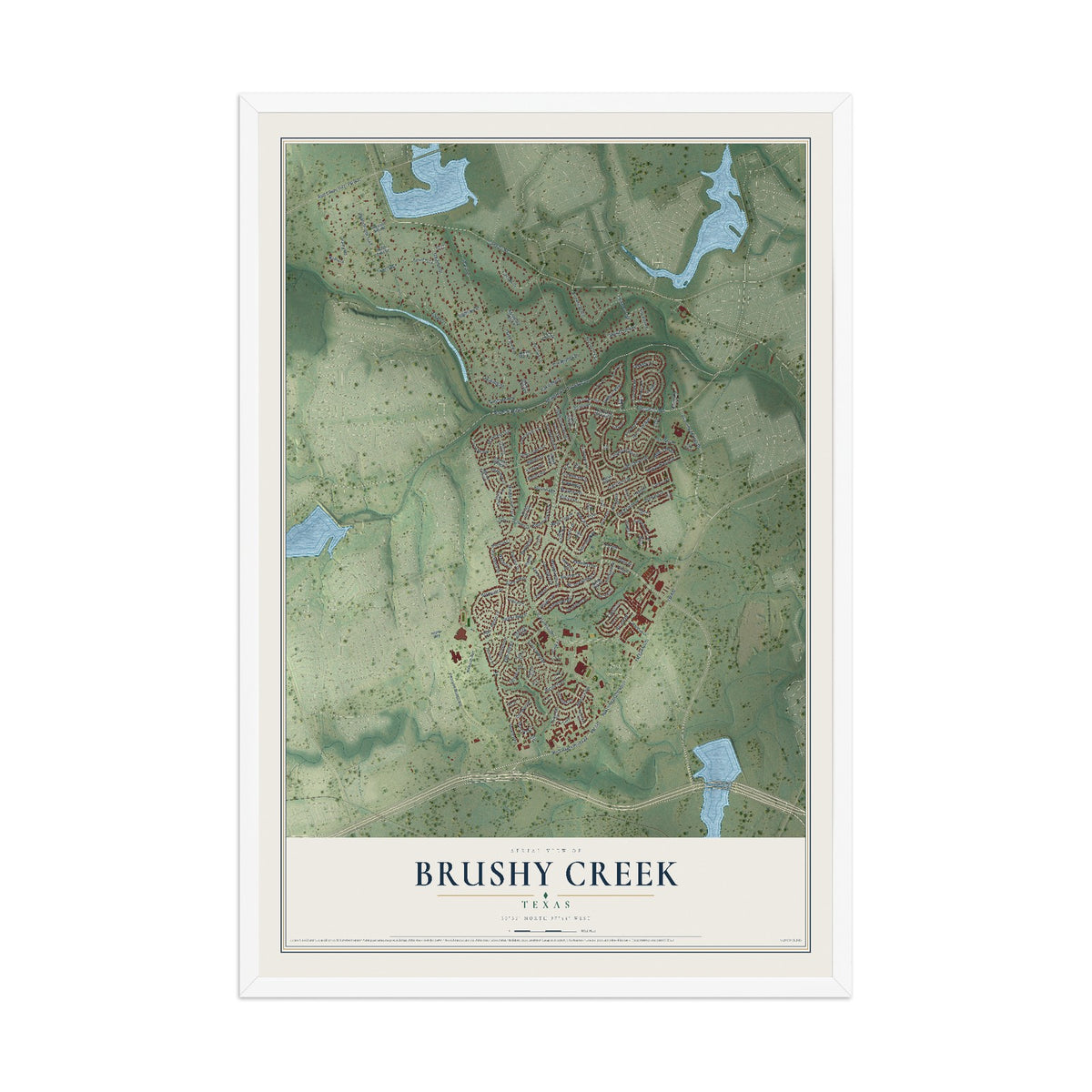 Map of Brushy Creek, Texas, 12 x 18 inch print in a white wood frame