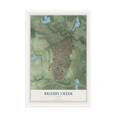 Map of Brushy Creek, Texas, 12 x 18 inch print in a white wood frame