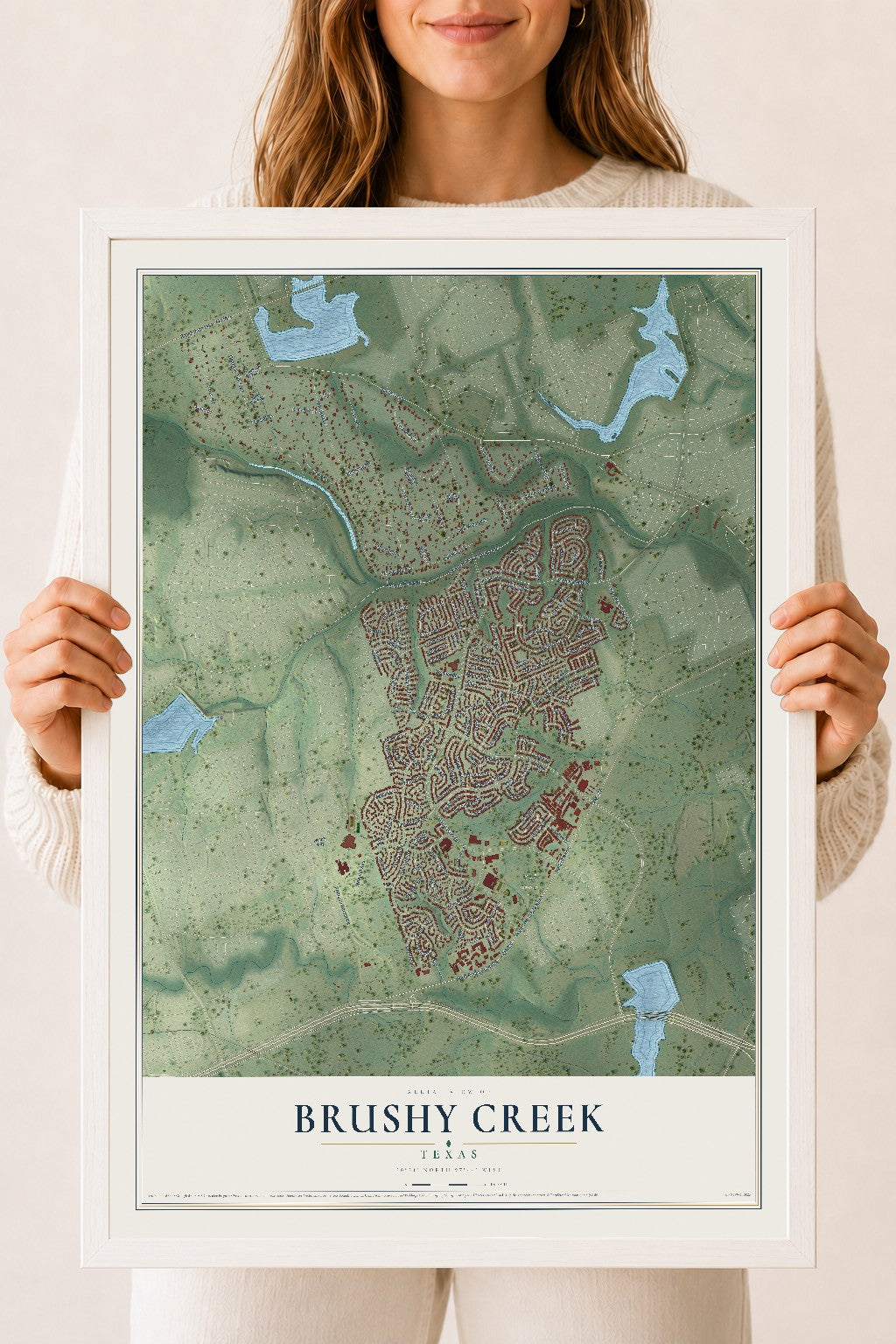 Map of Brushy Creek, Texas, 18 x 24 inch print in a white wood frame