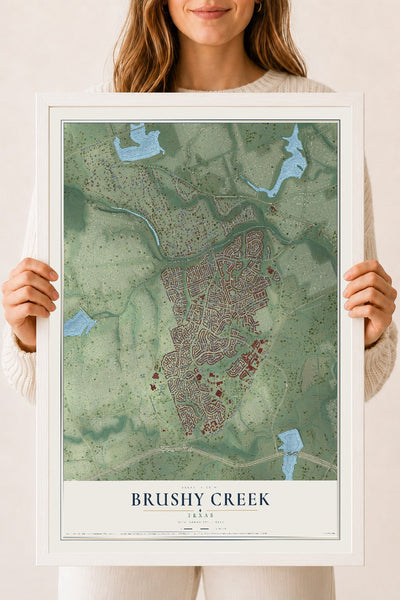 Map of Brushy Creek, Texas, 18 x 24 inch print in a white wood frame