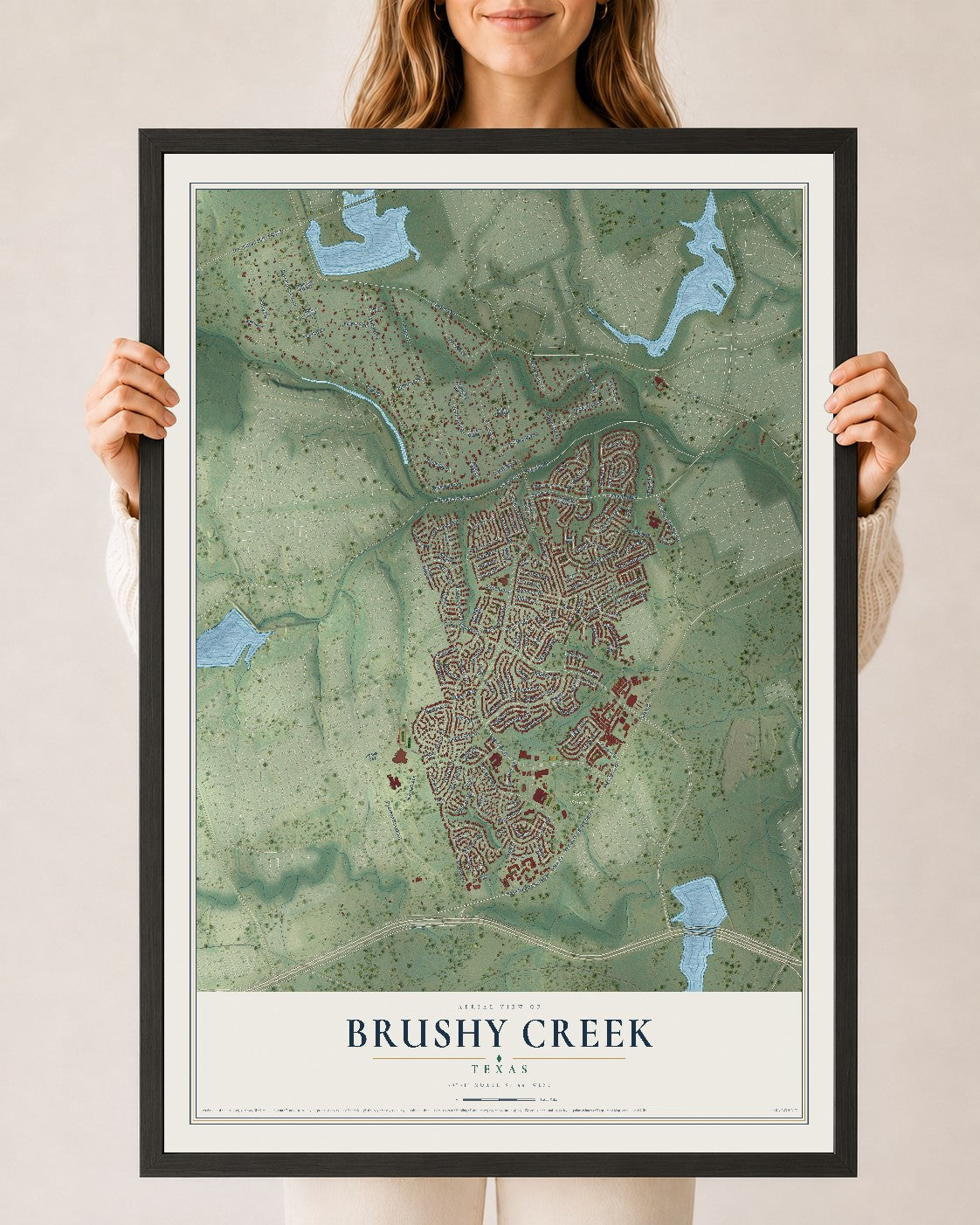 Map of Brushy Creek, Texas, 24 x 36 inch print in a black wood frame