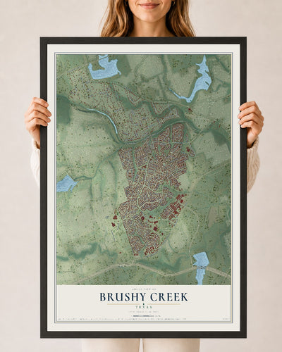 Map of Brushy Creek, Texas, 24 x 36 inch print in a black wood frame