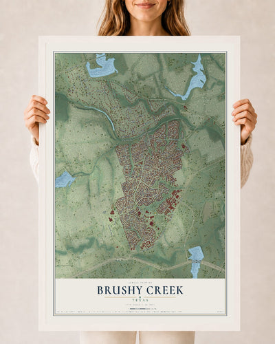 Map of Brushy Creek, Texas, 24 x 36 inch print in a white wood frame