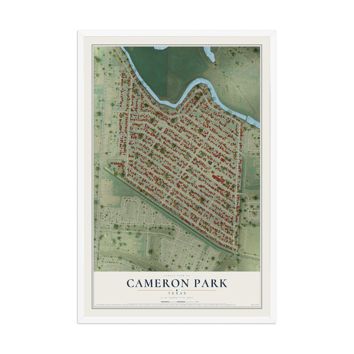 Map of Cameron Park, Texas, 12 x 18 inch print in a white wood frame