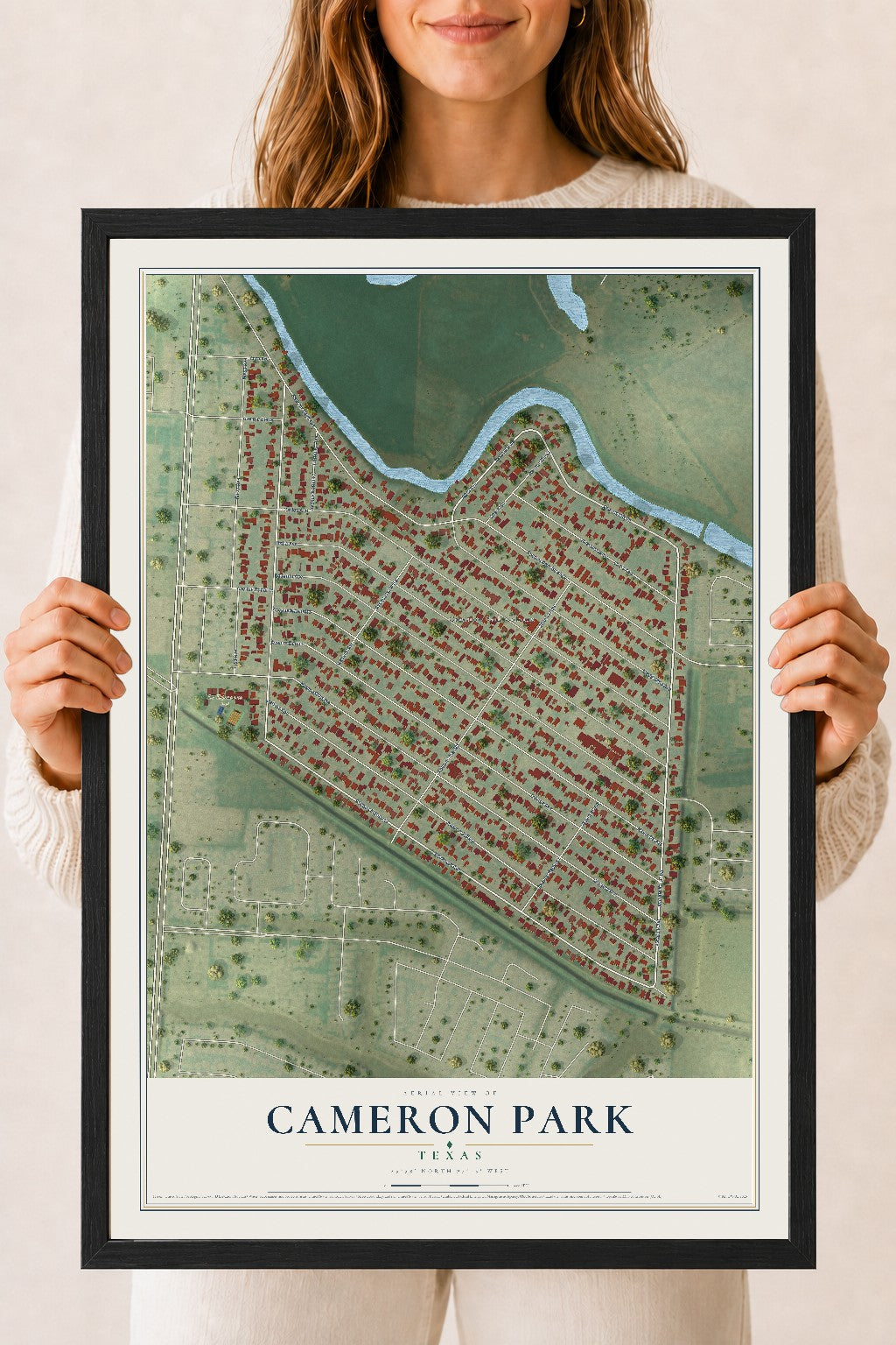Map of Cameron Park, Texas, 18 x 24 inch print in a black wood frame