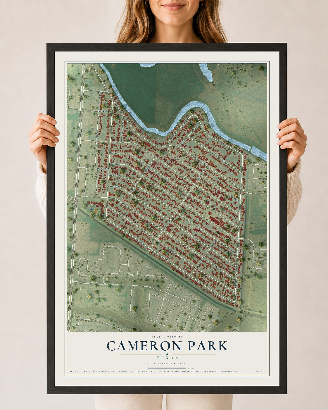 Map of Cameron Park, Texas, 24 x 36 inch print in a black wood frame