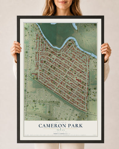 Map of Cameron Park, Texas, 24 x 36 inch print in a black wood frame