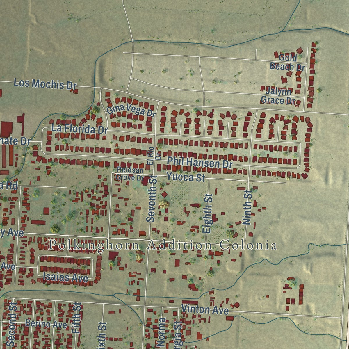 Close-up of the map of Canutillo, Texas print showing street and building detail