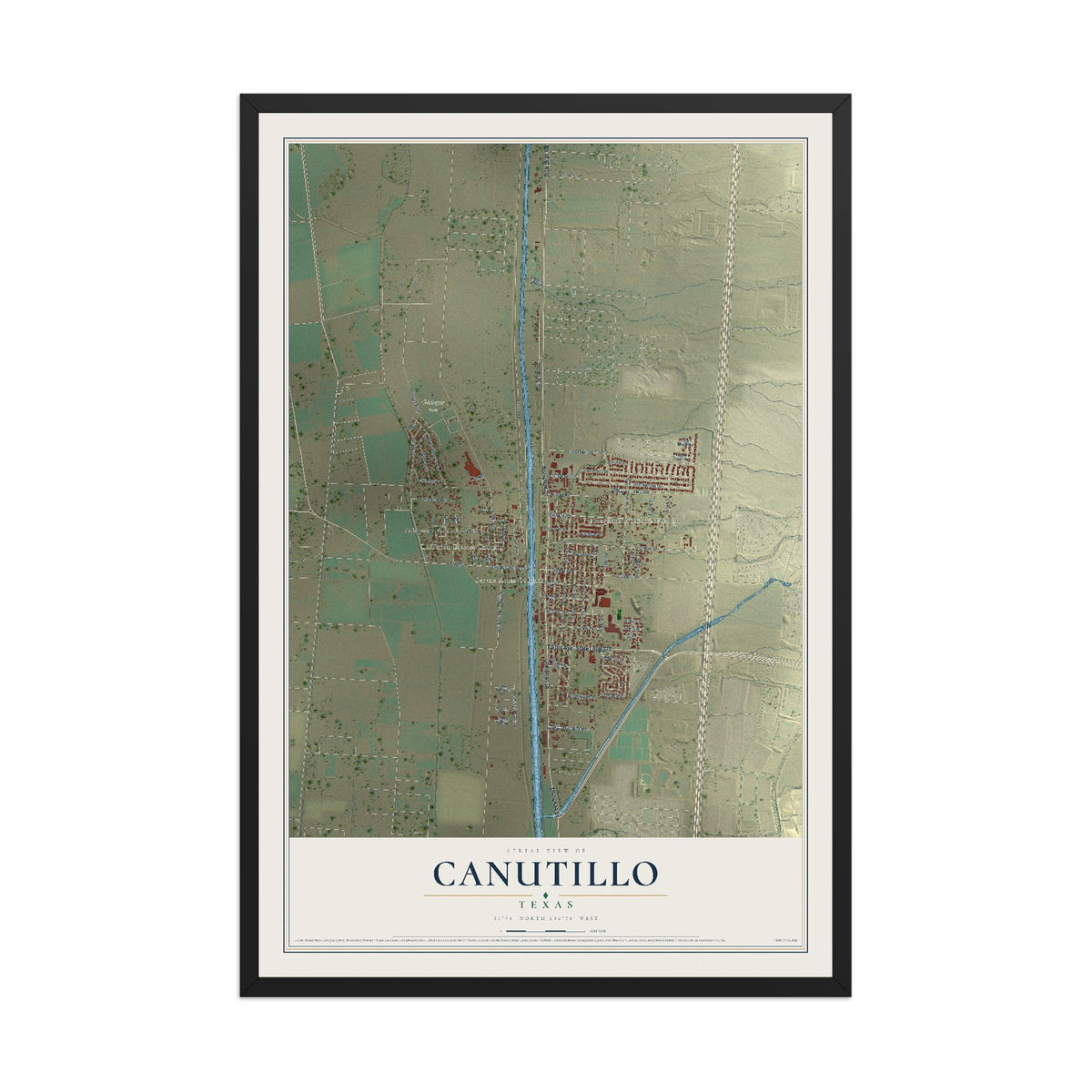 Map of Canutillo, Texas, 12 x 18 inch print in a black wood frame