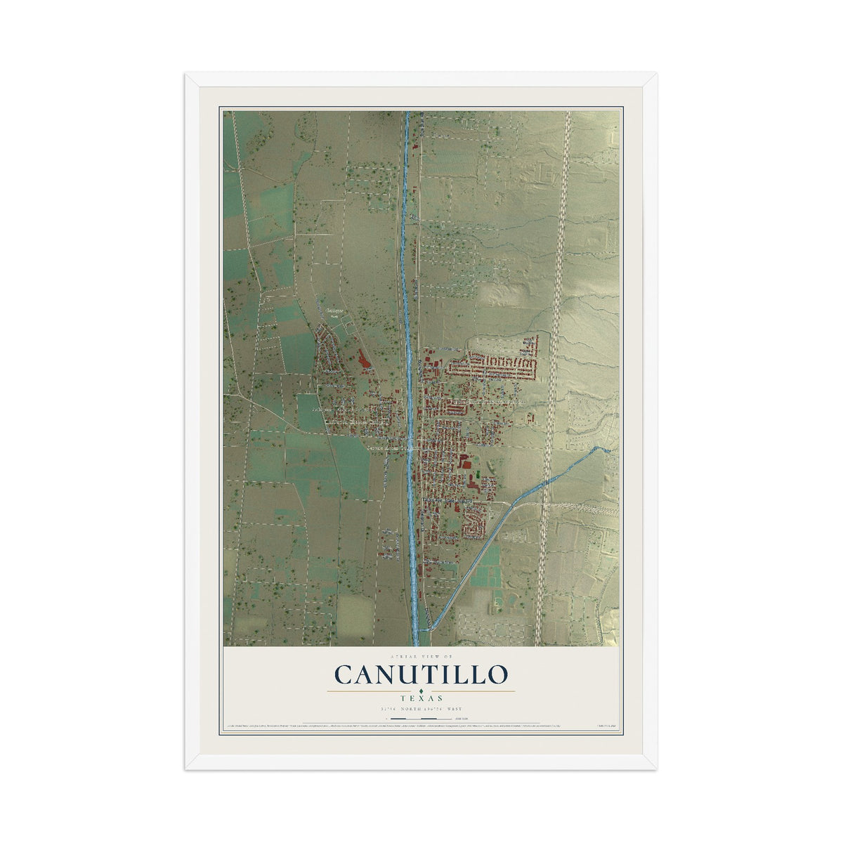 Map of Canutillo, Texas, 12 x 18 inch print in a white wood frame