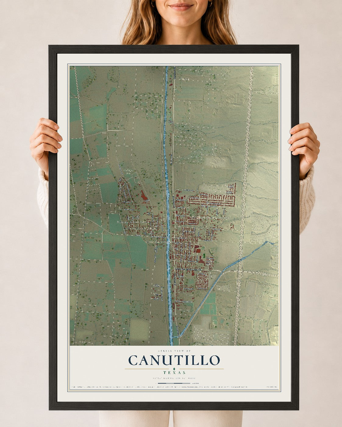 Map of Canutillo, Texas, 24 x 36 inch print in a black wood frame
