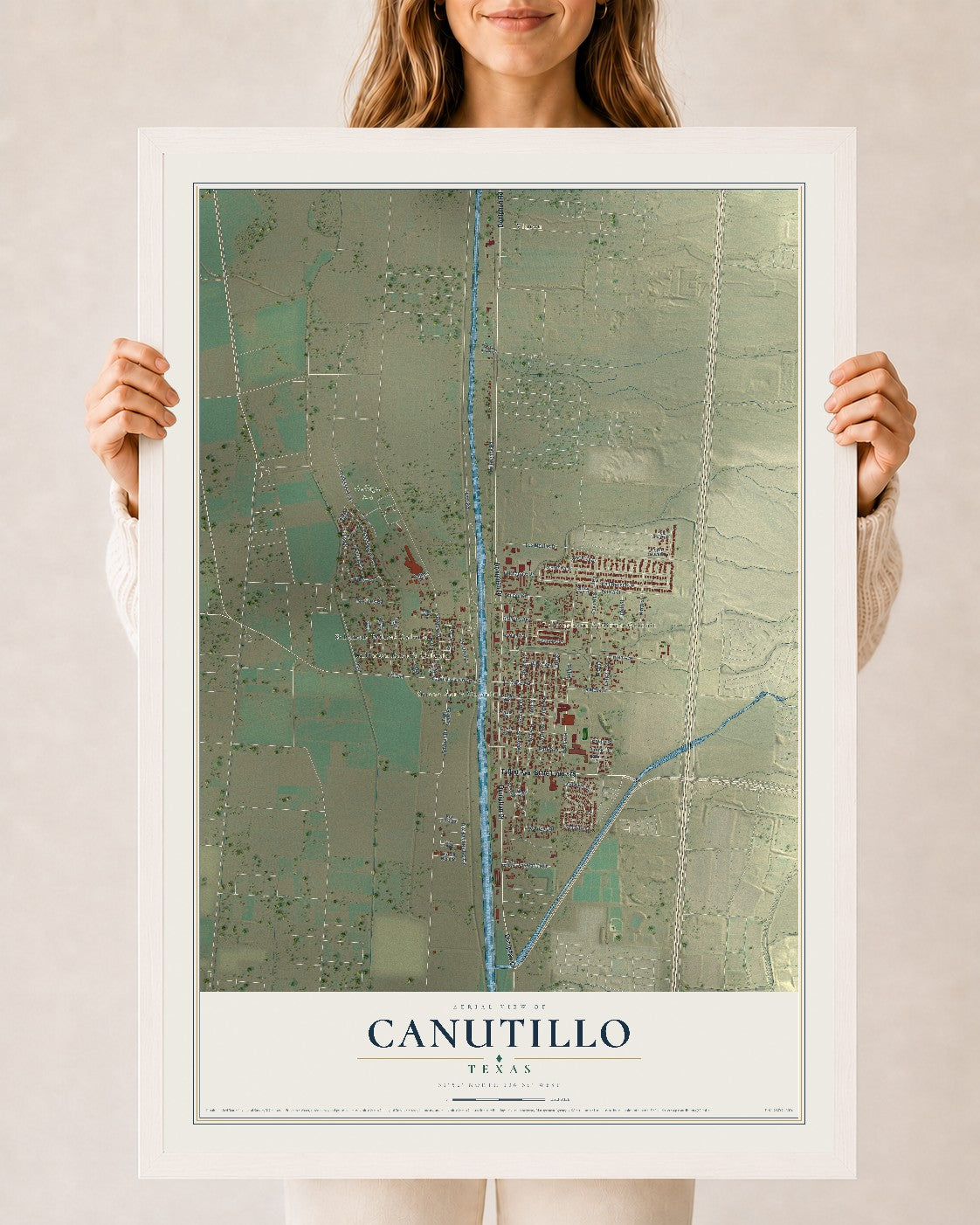Map of Canutillo, Texas, 24 x 36 inch print in a white wood frame