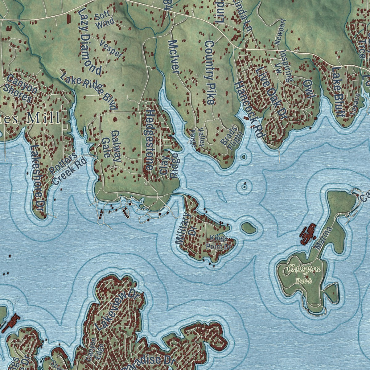 Second close-up of the map of Canyon Lake, Texas print showing more streets and buildings