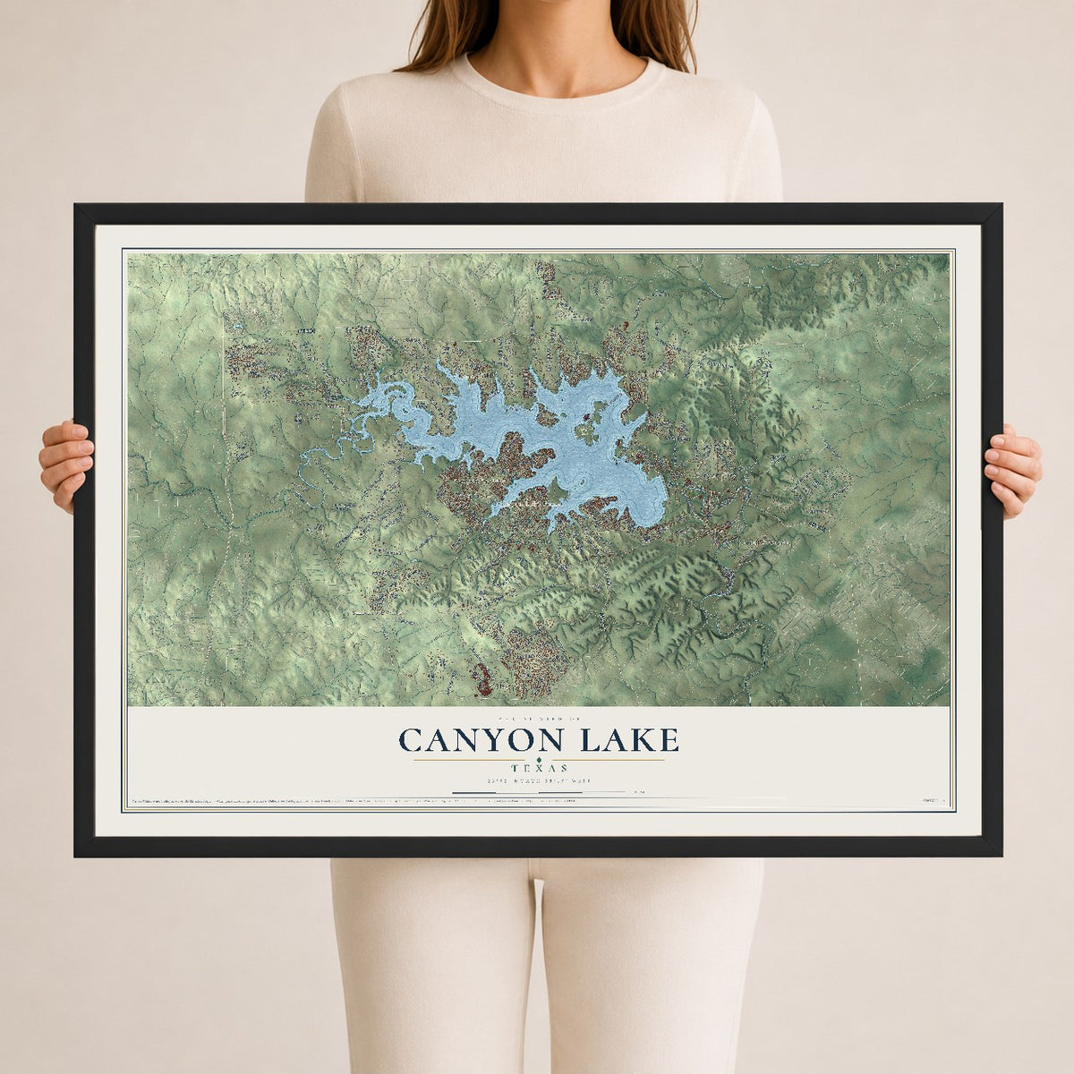 Map of Canyon Lake, Texas, 24 x 36 inch print in a black wood frame