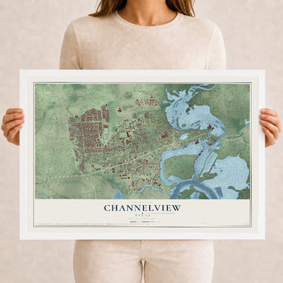 Map of Channelview, Texas, 12 x 18 inch print in a white wood frame