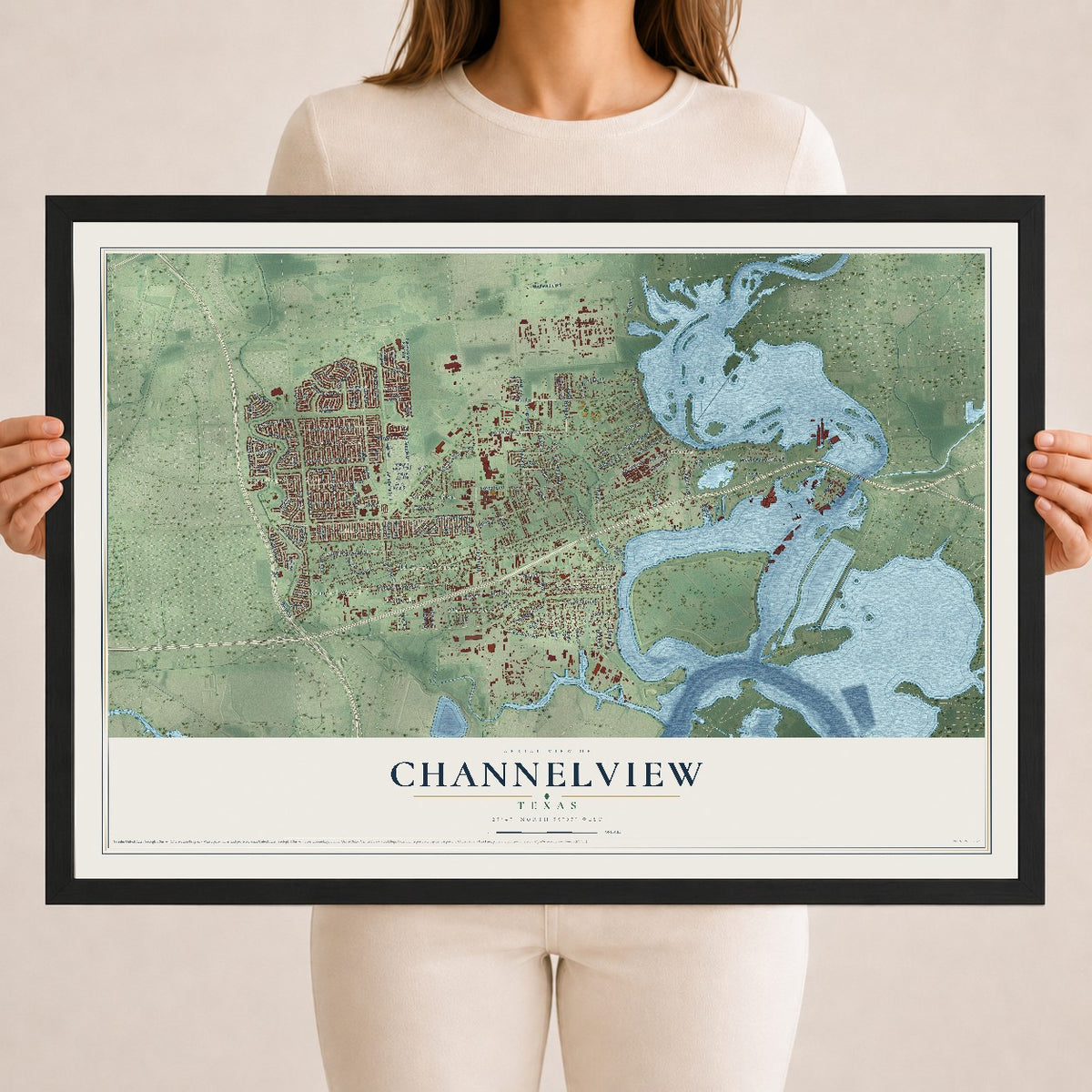 Map of Channelview, Texas, 18 x 24 inch print in a black wood frame