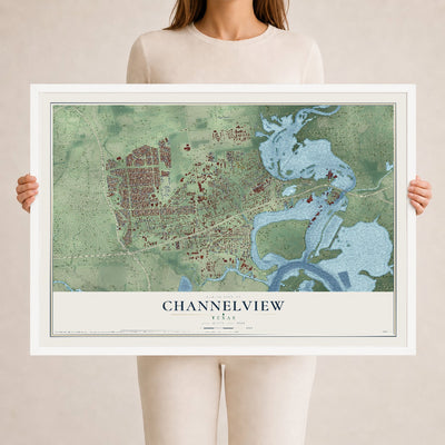 Map of Channelview, Texas, 24 x 36 inch print in a white wood frame