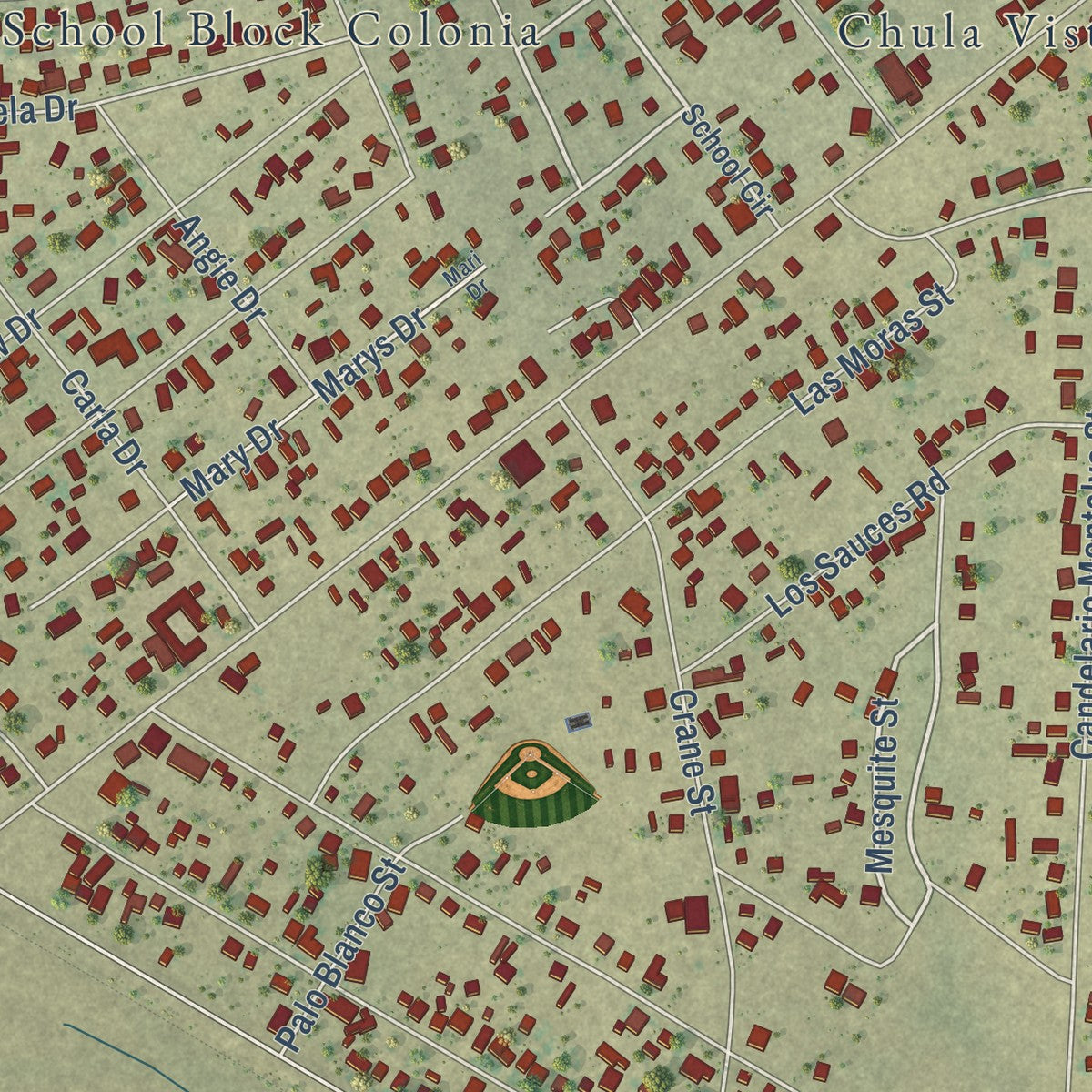Close-up of the map of Chula Vista, Texas print showing street and building detail