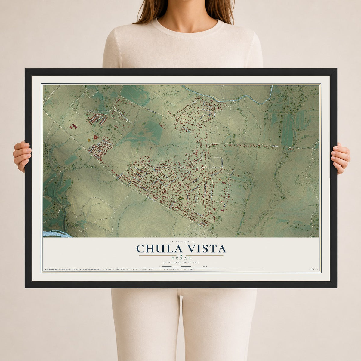 Map of Chula Vista, Texas, 24 x 36 inch print in a black wood frame