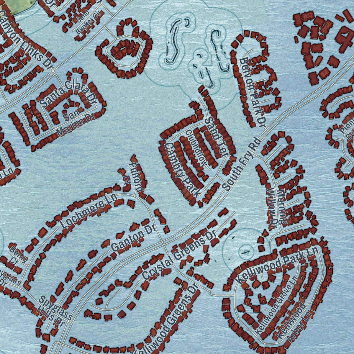 Close-up of the map of Cinco Ranch, Texas print showing street and building detail