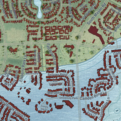 Second close-up of the map of Cinco Ranch, Texas print showing more streets and buildings