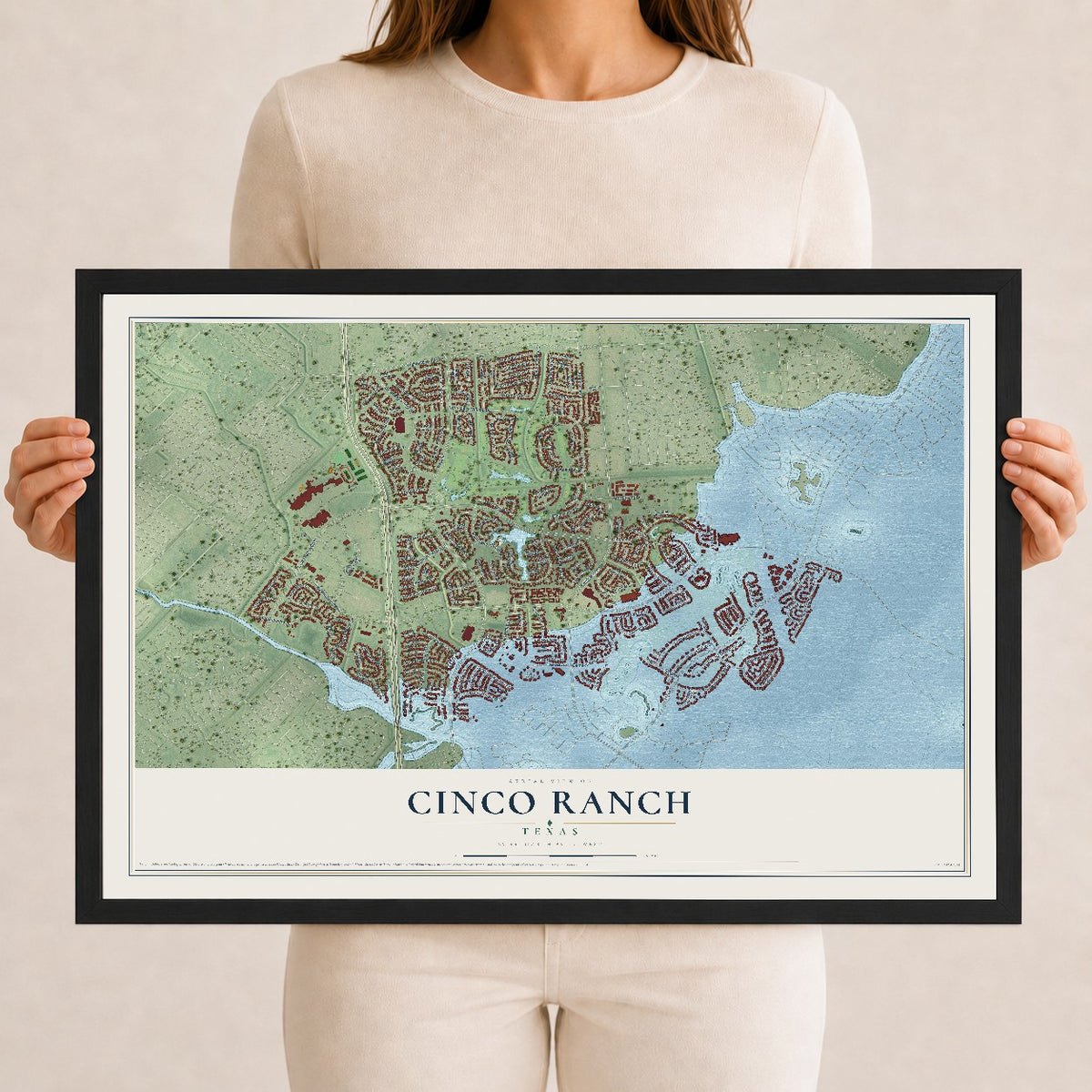 Map of Cinco Ranch, Texas, 12 x 18 inch print in a black wood frame
