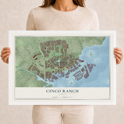 Map of Cinco Ranch, Texas, 12 x 18 inch print in a white wood frame