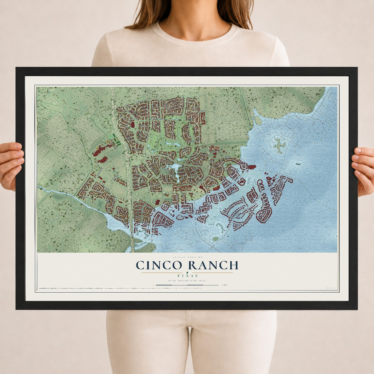 Map of Cinco Ranch, Texas, 18 x 24 inch print in a black wood frame