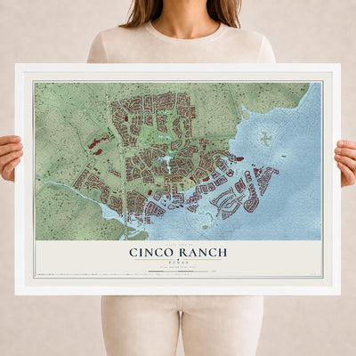 Map of Cinco Ranch, Texas, 18 x 24 inch print in a white wood frame