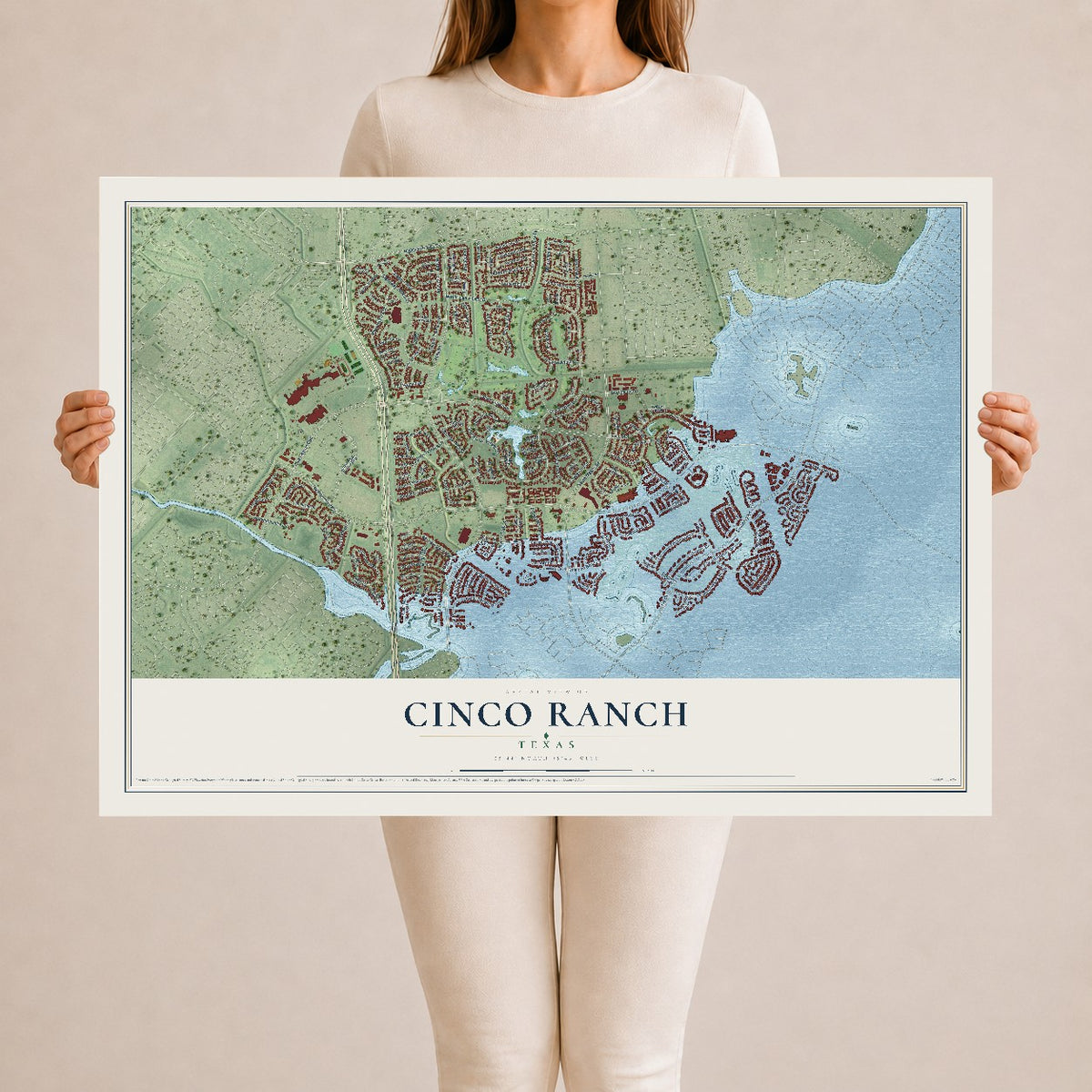 Map of Cinco Ranch, Texas, 24 x 36 inch unframed archival matte print