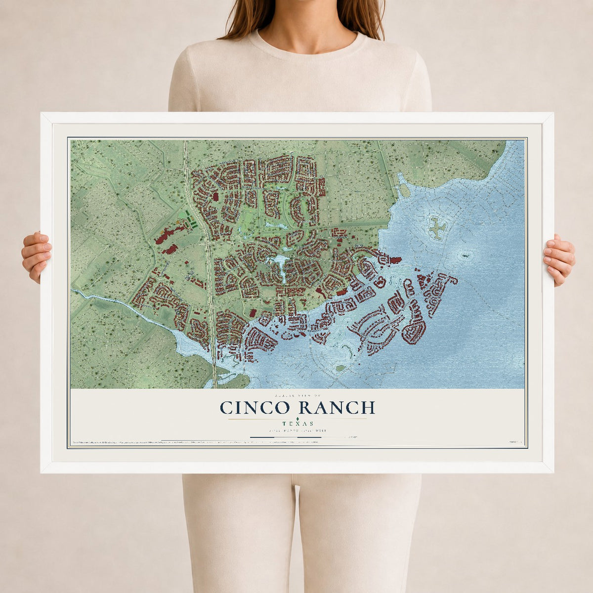 Map of Cinco Ranch, Texas, 24 x 36 inch print in a white wood frame