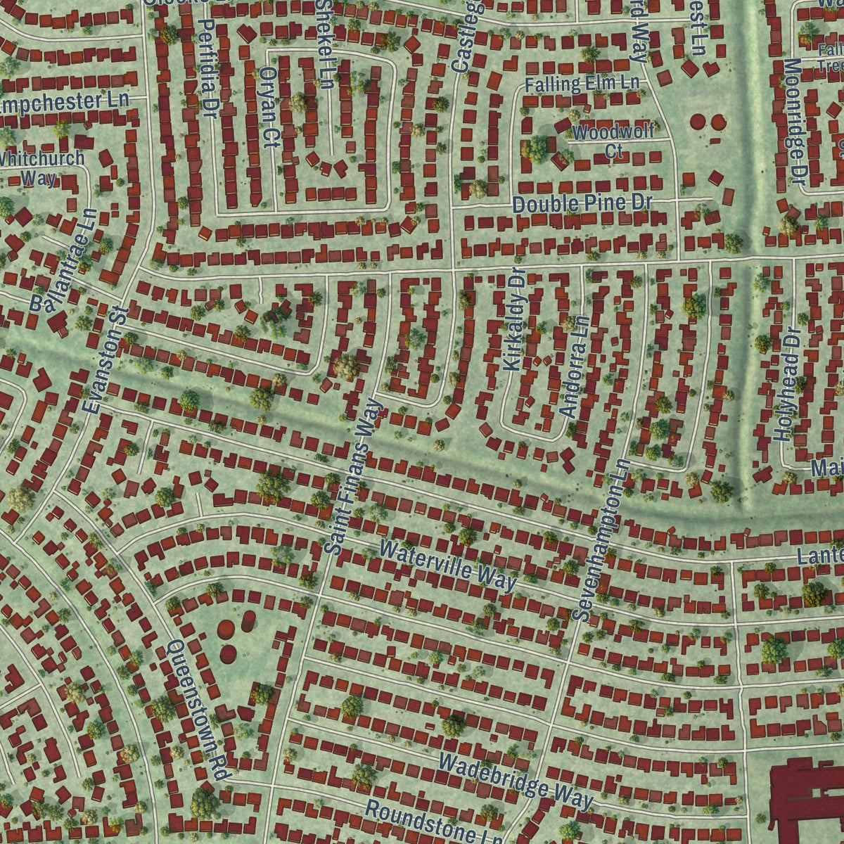 Second close-up of the map of Cloverleaf, Texas print showing more streets and buildings