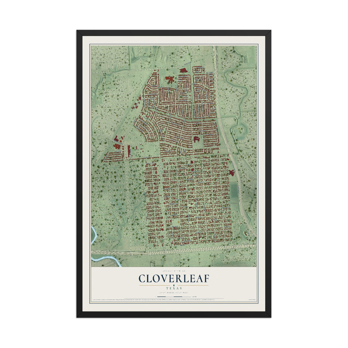 Map of Cloverleaf, Texas, 12 x 18 inch print in a black wood frame