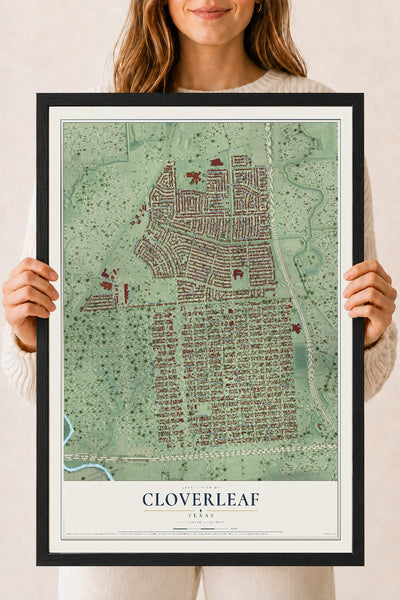 Map of Cloverleaf, Texas, 18 x 24 inch print in a black wood frame