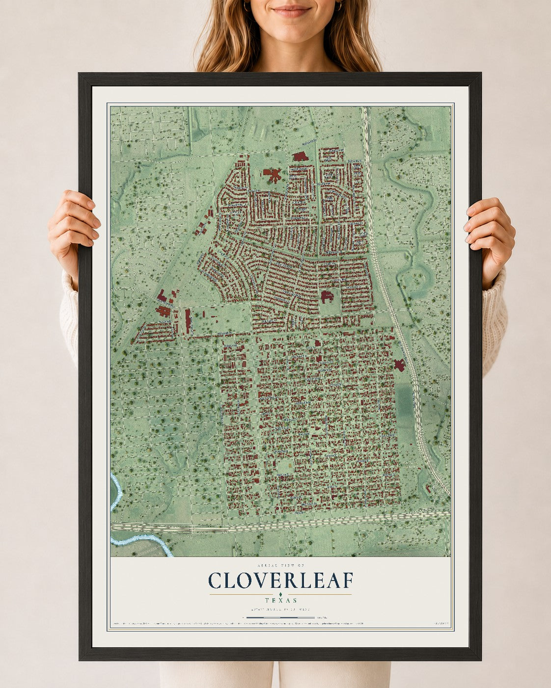 Map of Cloverleaf, Texas, 24 x 36 inch print in a black wood frame