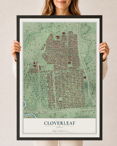 Map of Cloverleaf, Texas, 24 x 36 inch print in a black wood frame