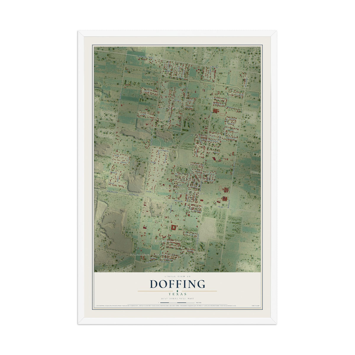 Map of Doffing, Texas, 12 x 18 inch print in a white wood frame