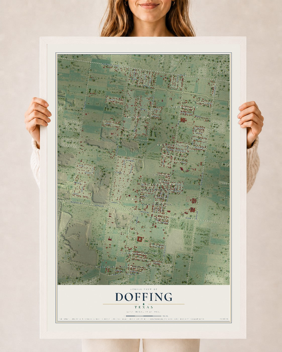 Map of Doffing, Texas, 24 x 36 inch print in a white wood frame