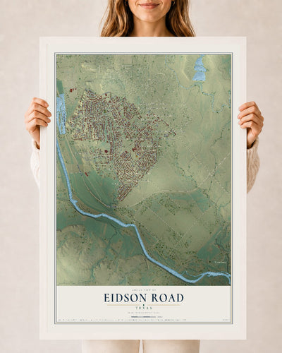 Map of Eidson Road, Texas, 24 x 36 inch print in a white wood frame