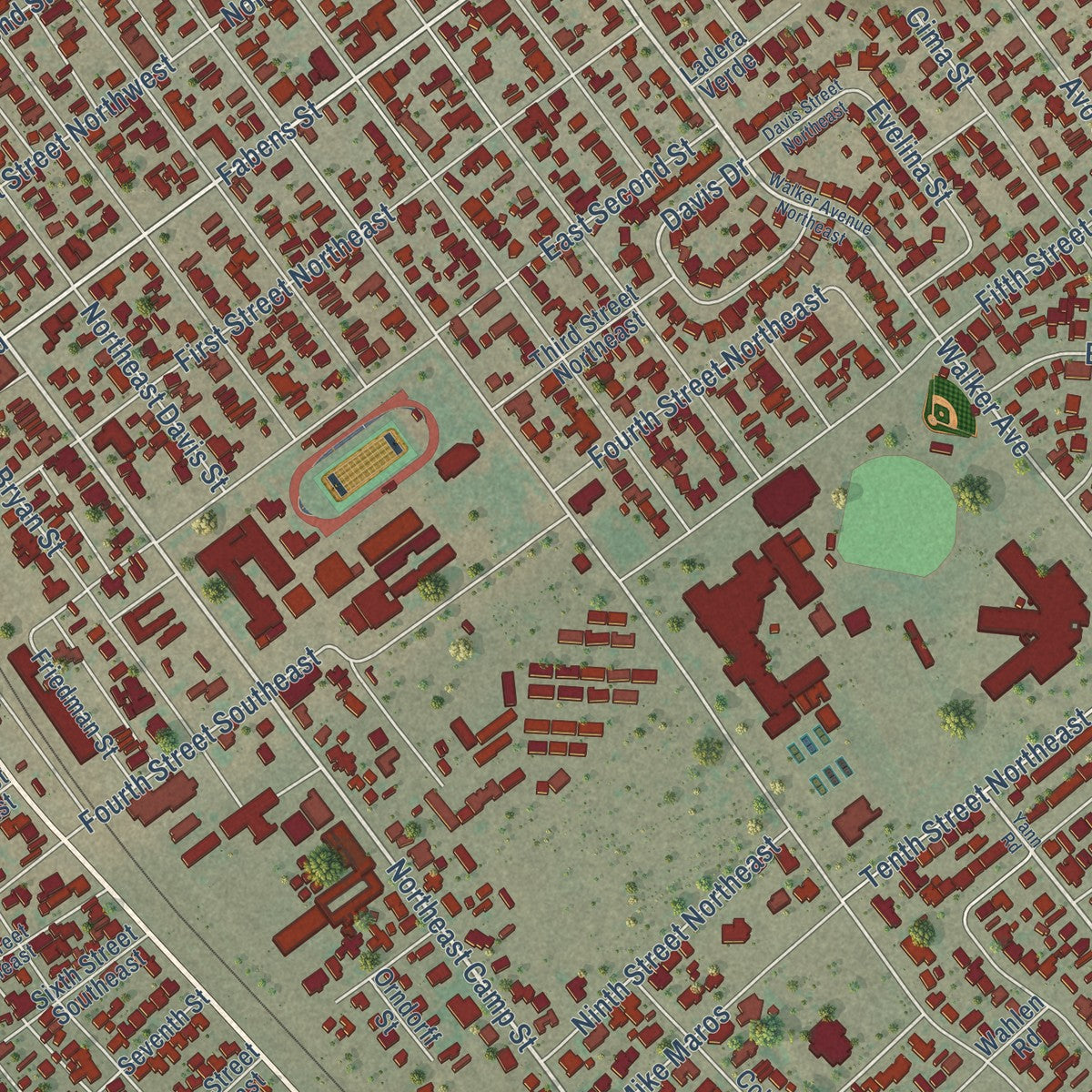 Close-up of the map of Fabens, Texas print showing street and building detail