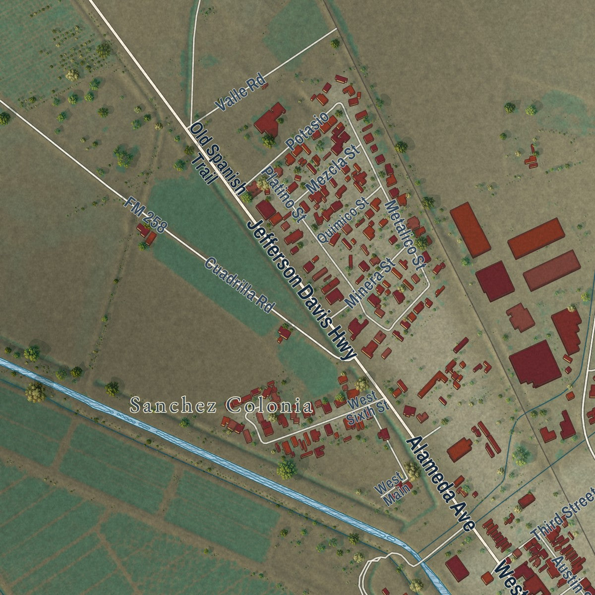 Second close-up of the map of Fabens, Texas print showing more streets and buildings