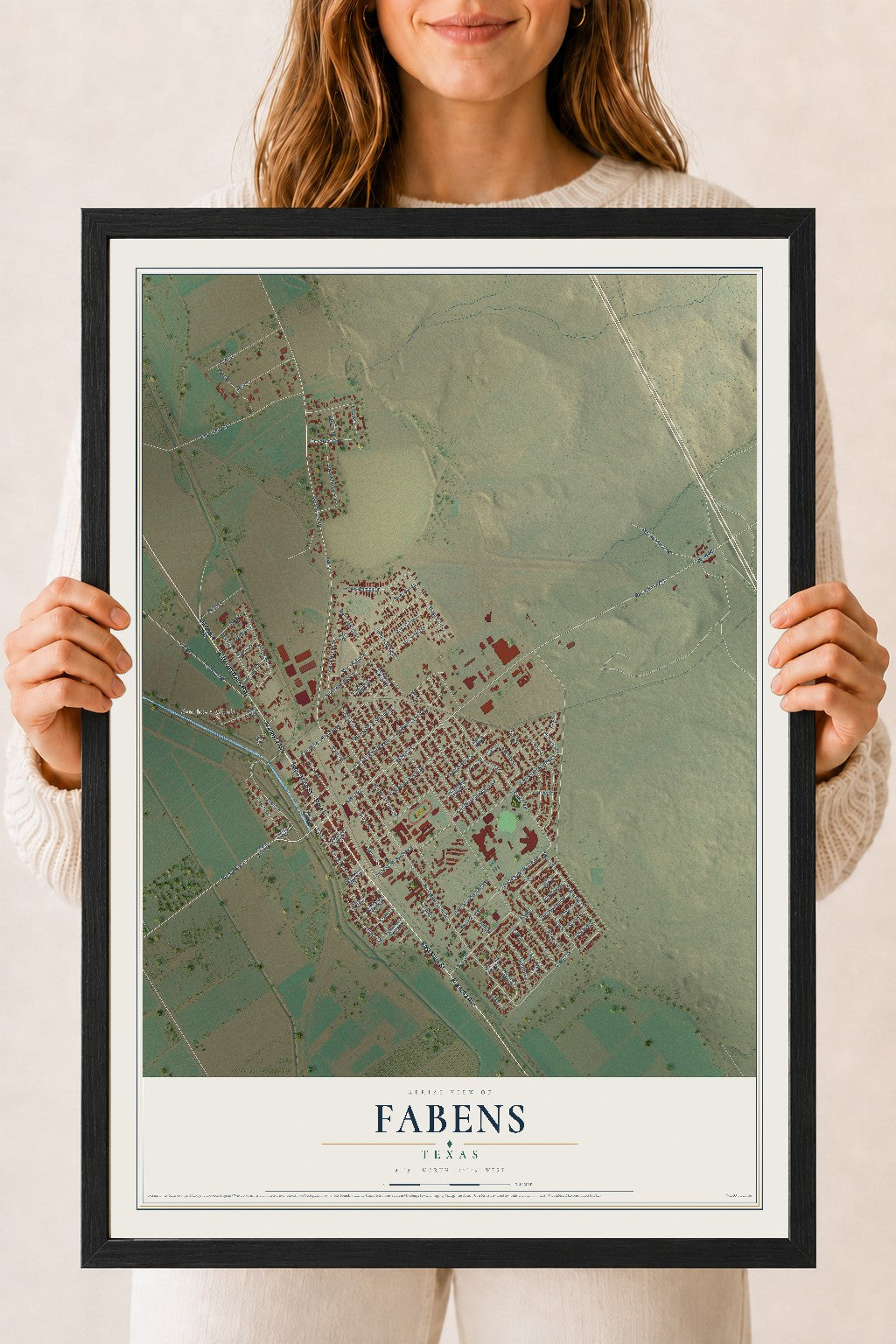 Map of Fabens, Texas, 18 x 24 inch print in a black wood frame